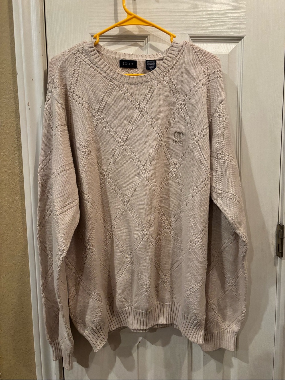 Vintage Izod Men’s Light Cream Diamond-Knit Crewneck Sweater XL